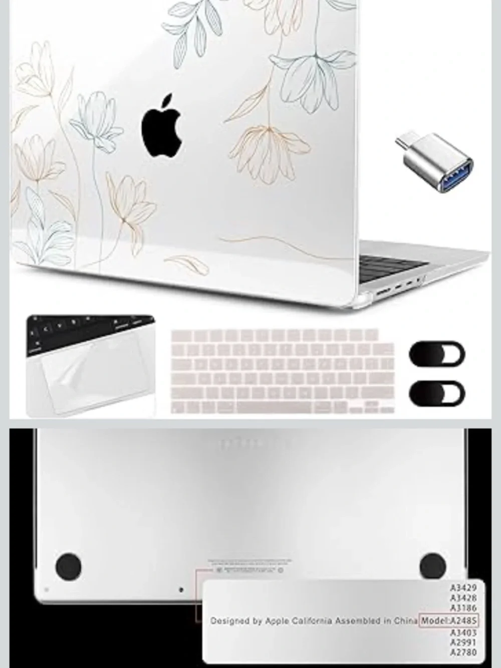 Apple Clear Laptop Case with Pastel Floral and Rose Accents